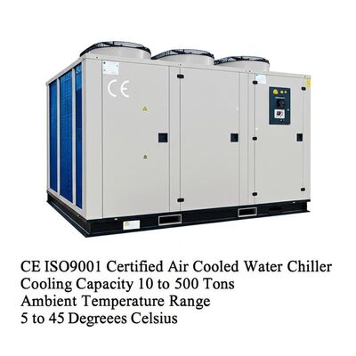 Chiller wody chłodzony powietrzem z certyfikatem CE ISO9001, wydajność chłodnicza od 10 do 500 ton, zakres temperatur otoczenia od 5 do 45 stopni Celsjusza